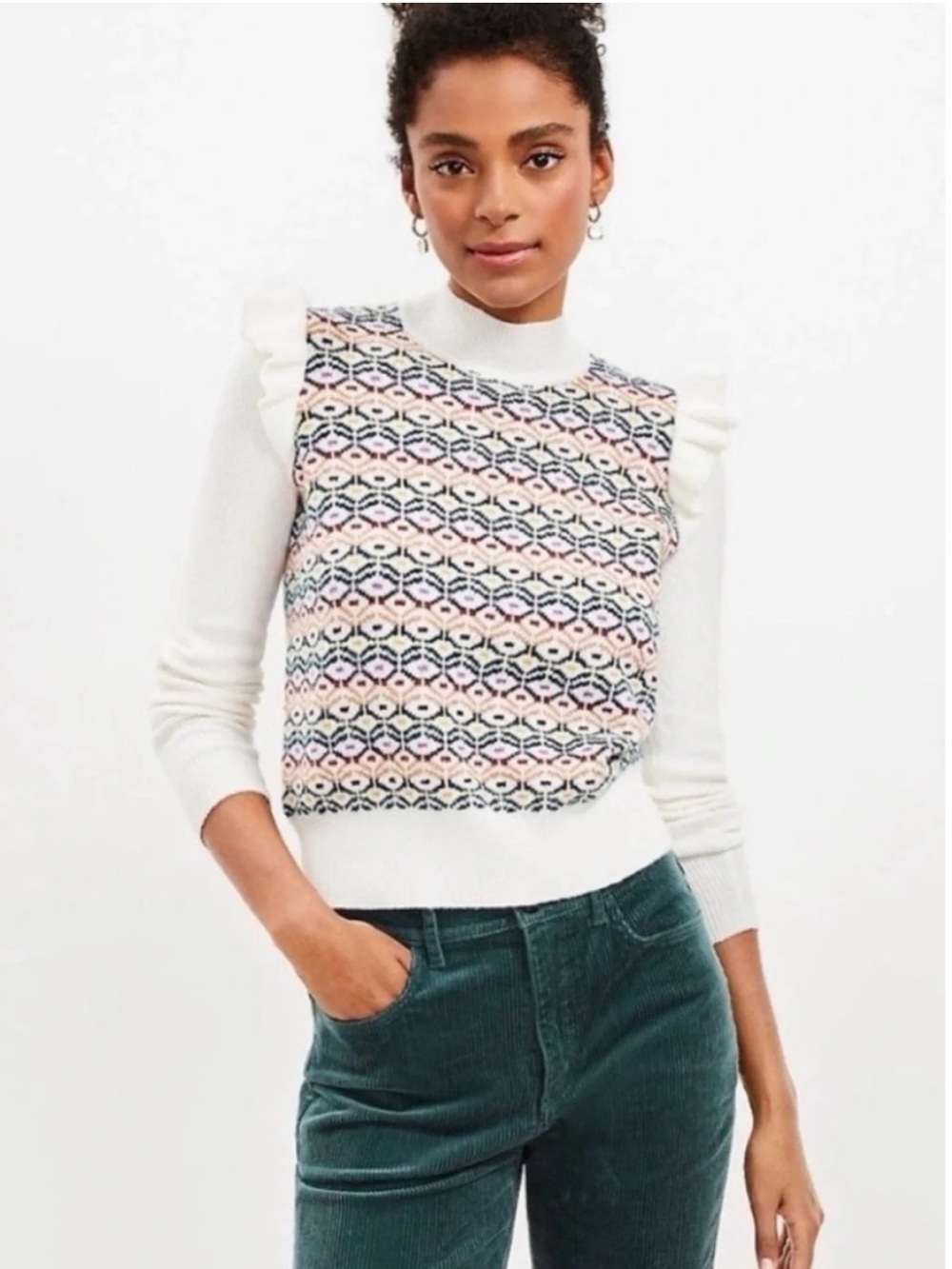 LOFT Ivory Ruffle Sleeve Fair Isle Sweater